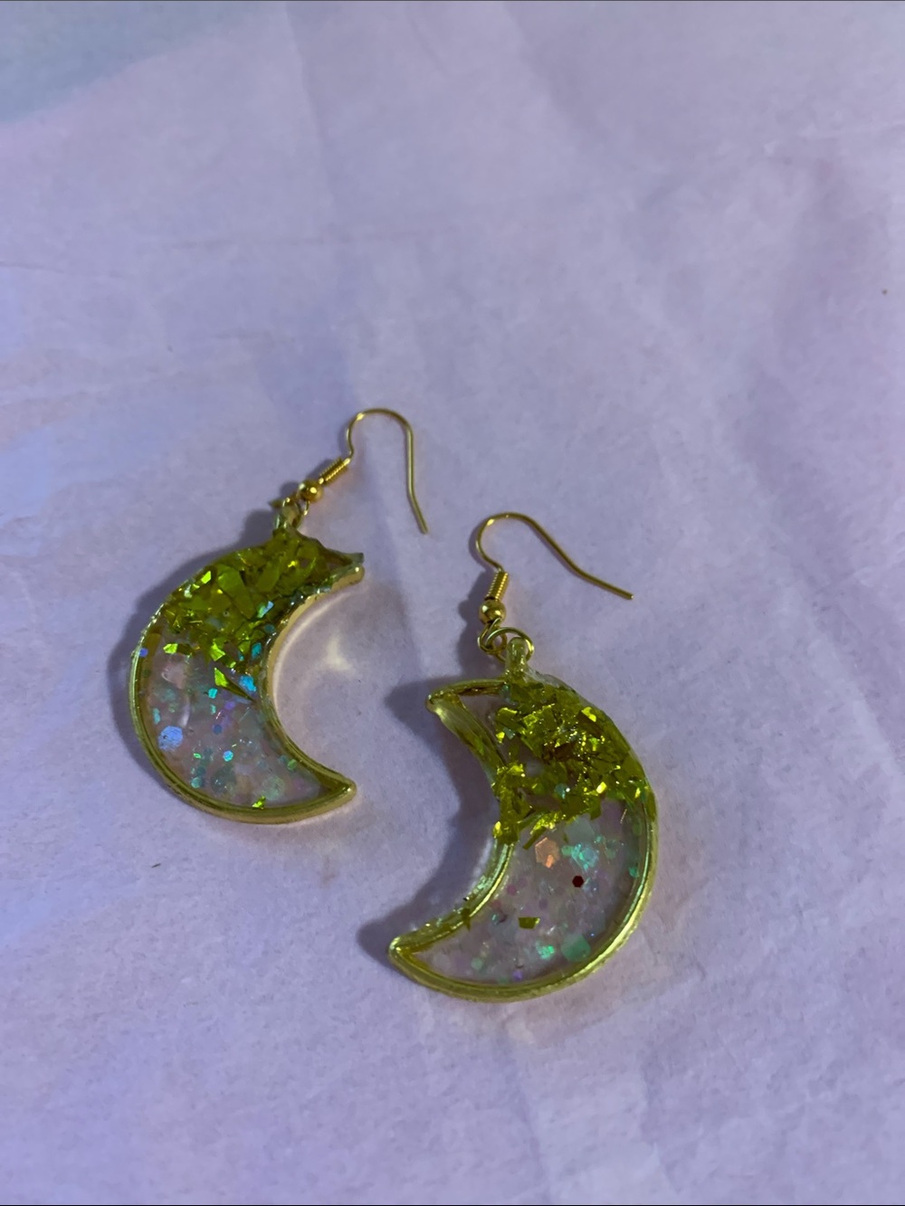 Gold-Trim Lime Green Crescent Moon Drop Earrings